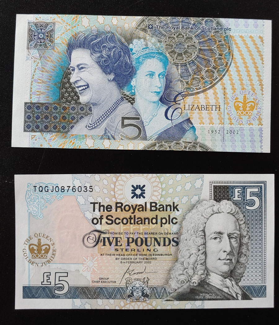 Royal Bank of Scotland P#362 Unc 2002 QEII Golden Jubilee note duo