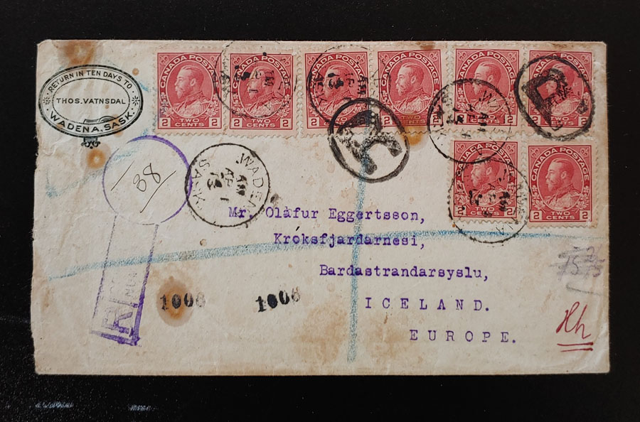 Canada #106 1 Apr 1913 16c Registered Cover to Iceland, foxed