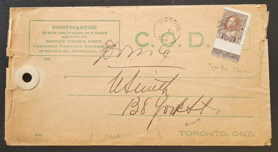 Canada #108LW 19 May 1923 3c Lathework C.O.D. Cover ex Steinhart