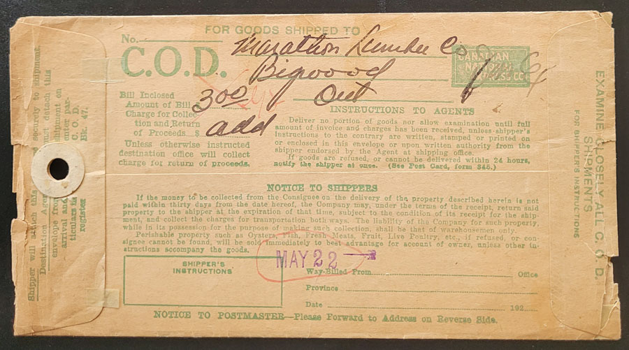 Canada #108LW 19 May 1923 3c Lathework C.O.D. Cover ex Steinhart