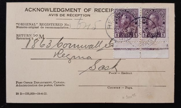 Canada #112LW 19 May 1923 10c Lathework Pair Regina A/R Card