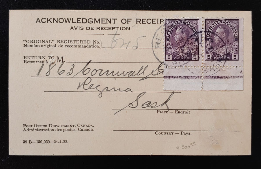 Canada #112LW 19 May 1923 10c Lathework Pair Regina A/R Card