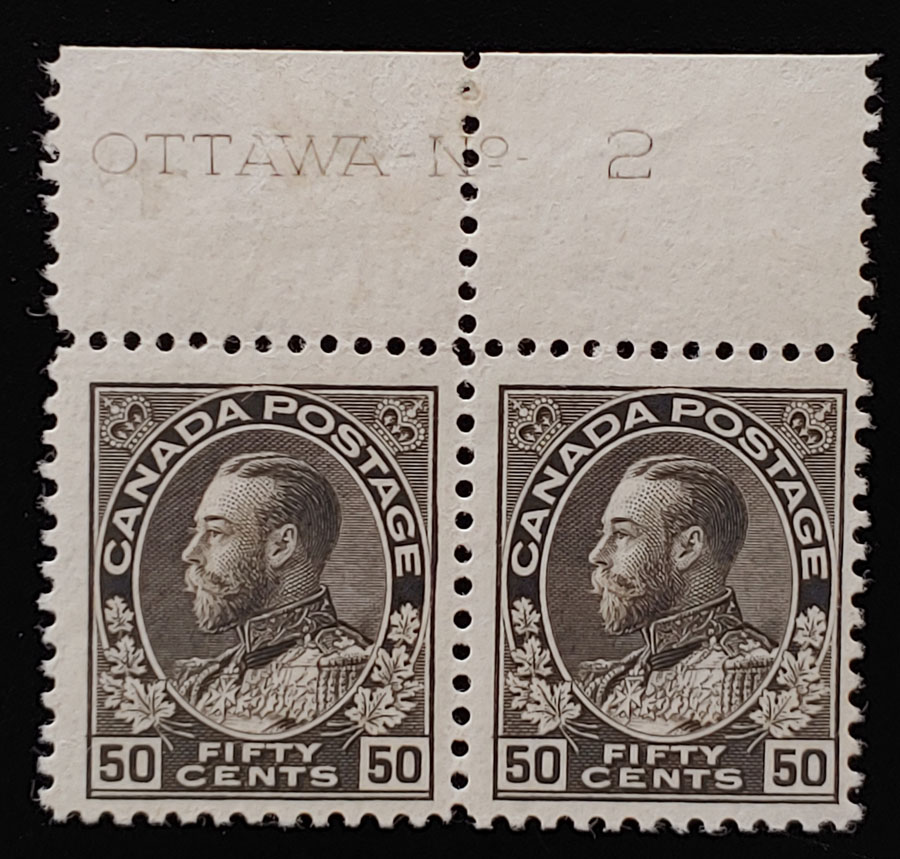 Canada #120a Fine Never Hinged 1912 50c Plate 2 Pair, gum spot