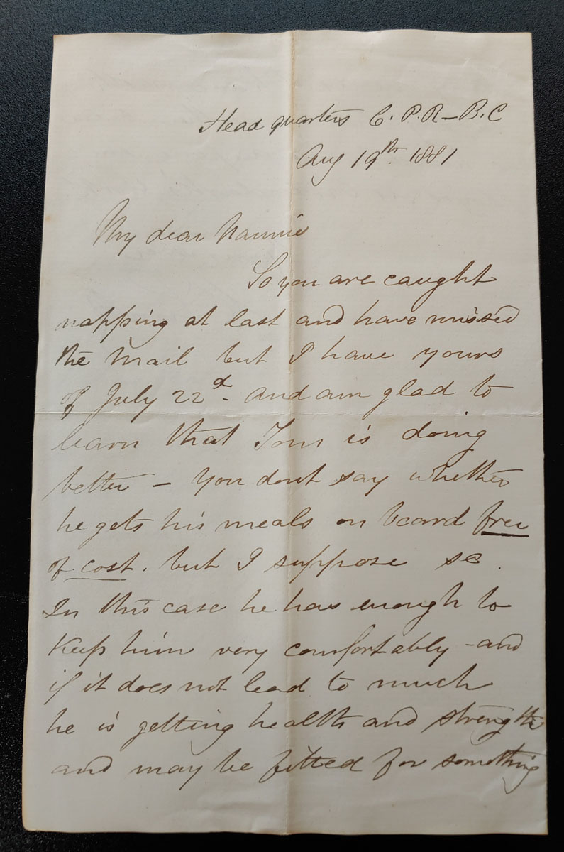 Headquarters C.P.R. B.C. Aug 19, 1881 Marcus Smith letter to his wife