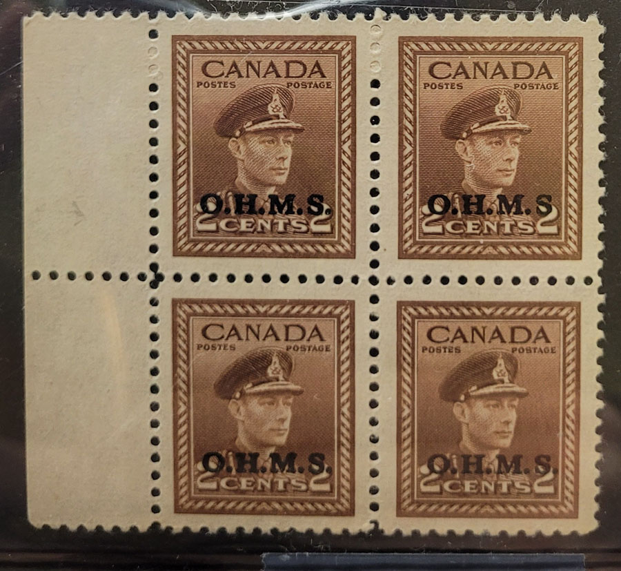 Canada #O2a VFNH Missing Period in 1949 2c O.H.M.S. Block $345. (4)