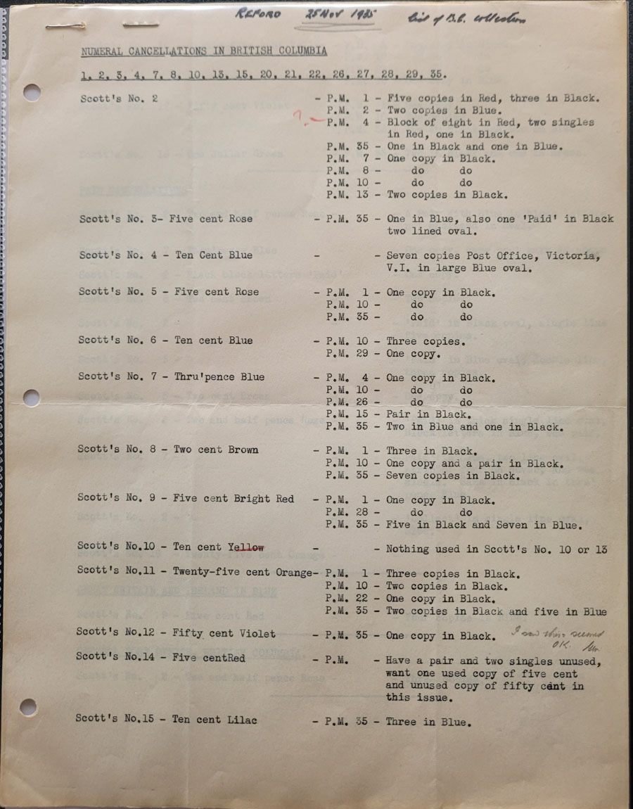Wellburn's 3-pg typewritten report on Reford's B.C. numeral cancels