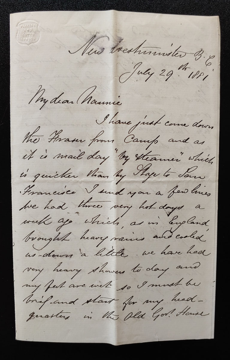 New Westminster B.C. 29 Jul 1881 Marcus Smith letter to his wife