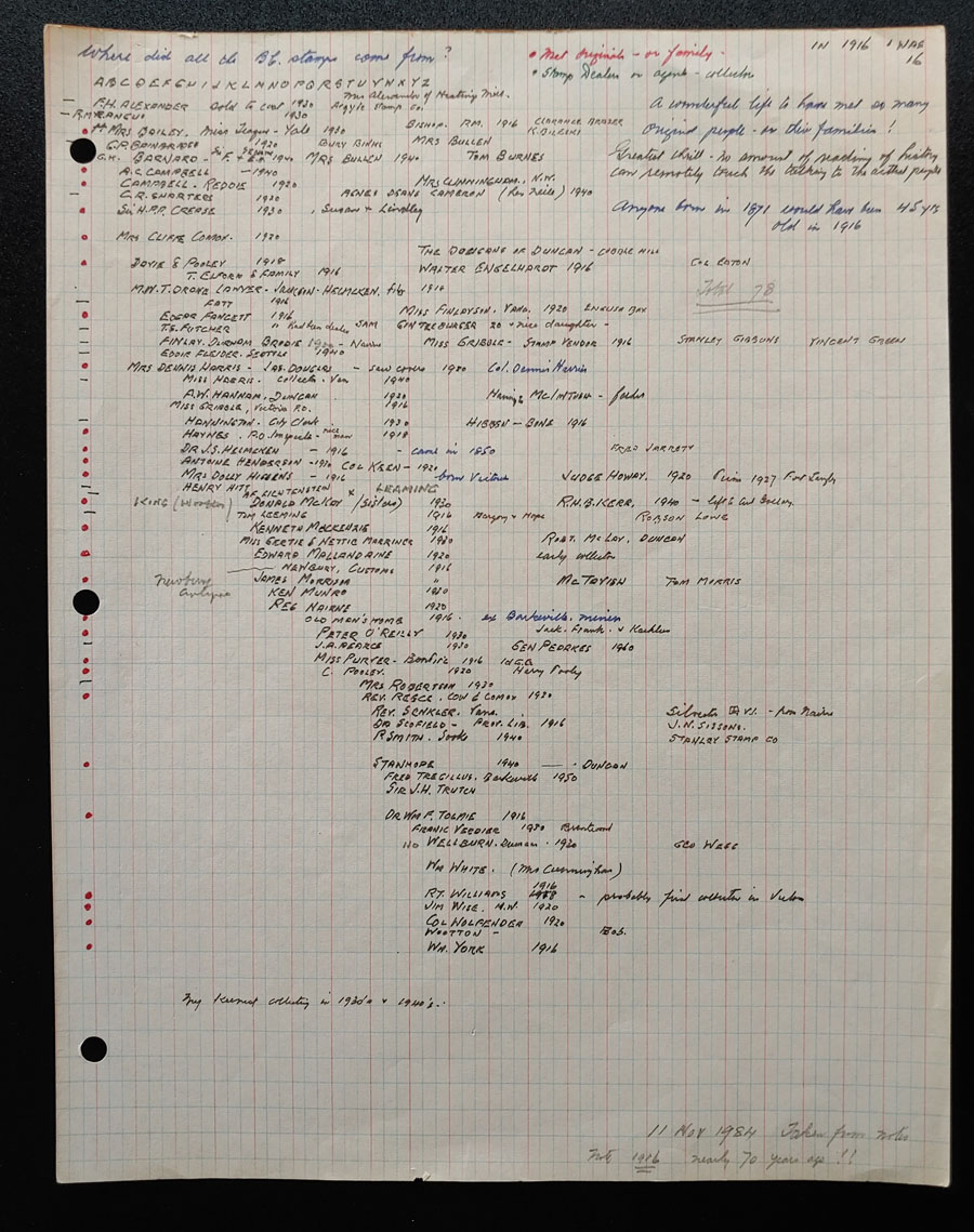 Wellburn's notes on B.C. Stamp Sources & Values (2 pgs)