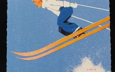 E. Martin Unused Merry Christmas Art Deco Skiing Postcard