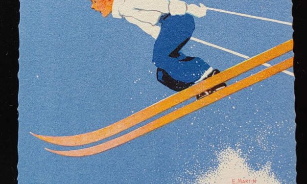 E. Martin Unused Merry Christmas Art Deco Skiing Postcard