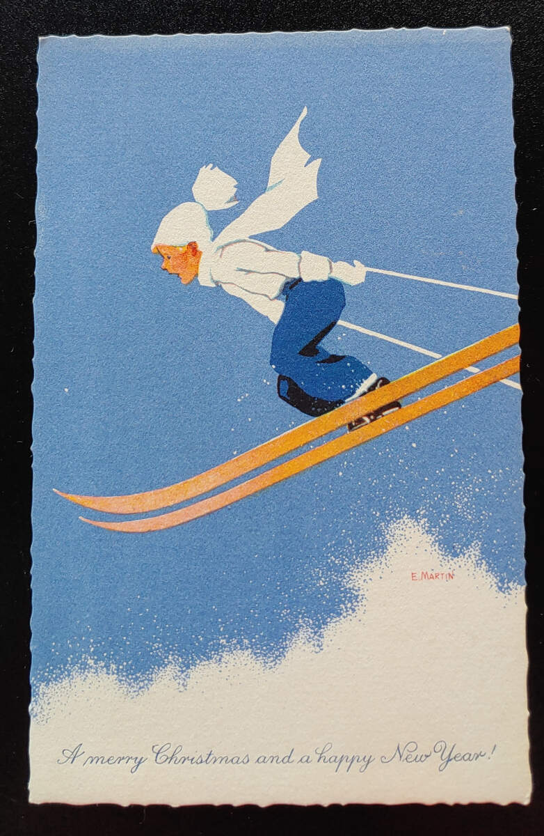 E. Martin Unused Merry Christmas Art Deco Skiing Postcard