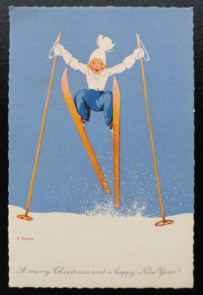 E. Martin Unused Merry Christmas & Happy New Year Skier Postcard