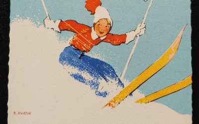 E. Martin Unused Merry Christmas Art Deco Skiing Postcard