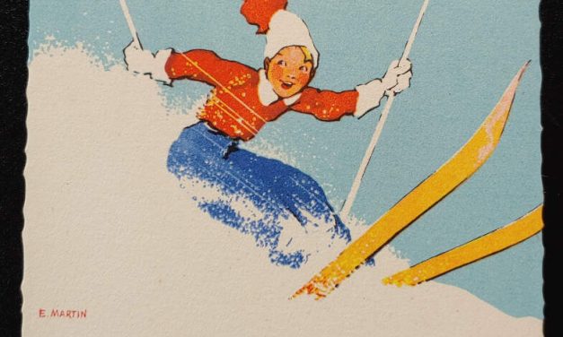 E. Martin Unused Merry Christmas Art Deco Skiing Postcard
