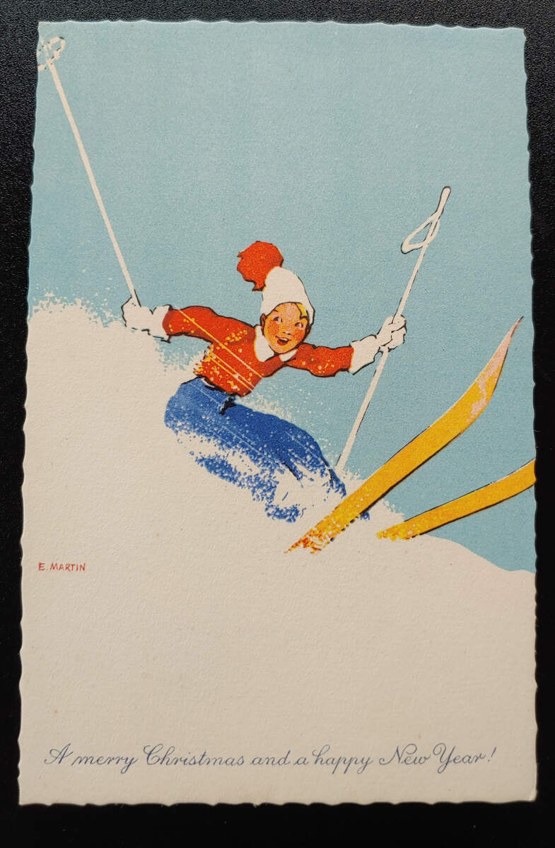 E. Martin Unused Merry Christmas Art Deco Skiing Postcard