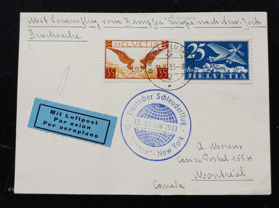Switzerland 14 May 1933 60c D Bremen Catapult Card to Montreal