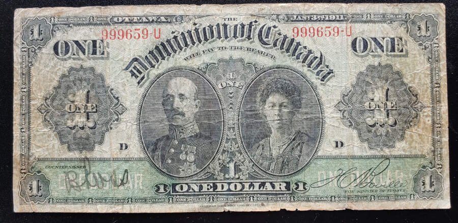 Dominion of Canada #DC-18di VG 1911 Horseblanket $1, pinhole $120