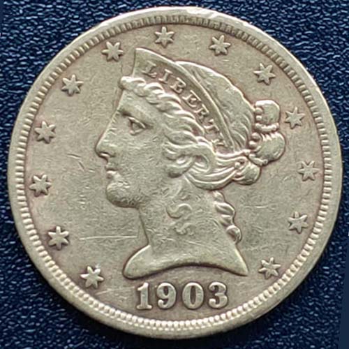 U.S.A. XF 1903S Coronet $5 Gold Half Eagle trifle rim nick .24187oz