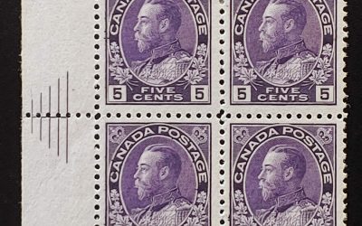 Canada #112v Fine Mint 2 NH 5c Admiral Pyramid Guide Block
