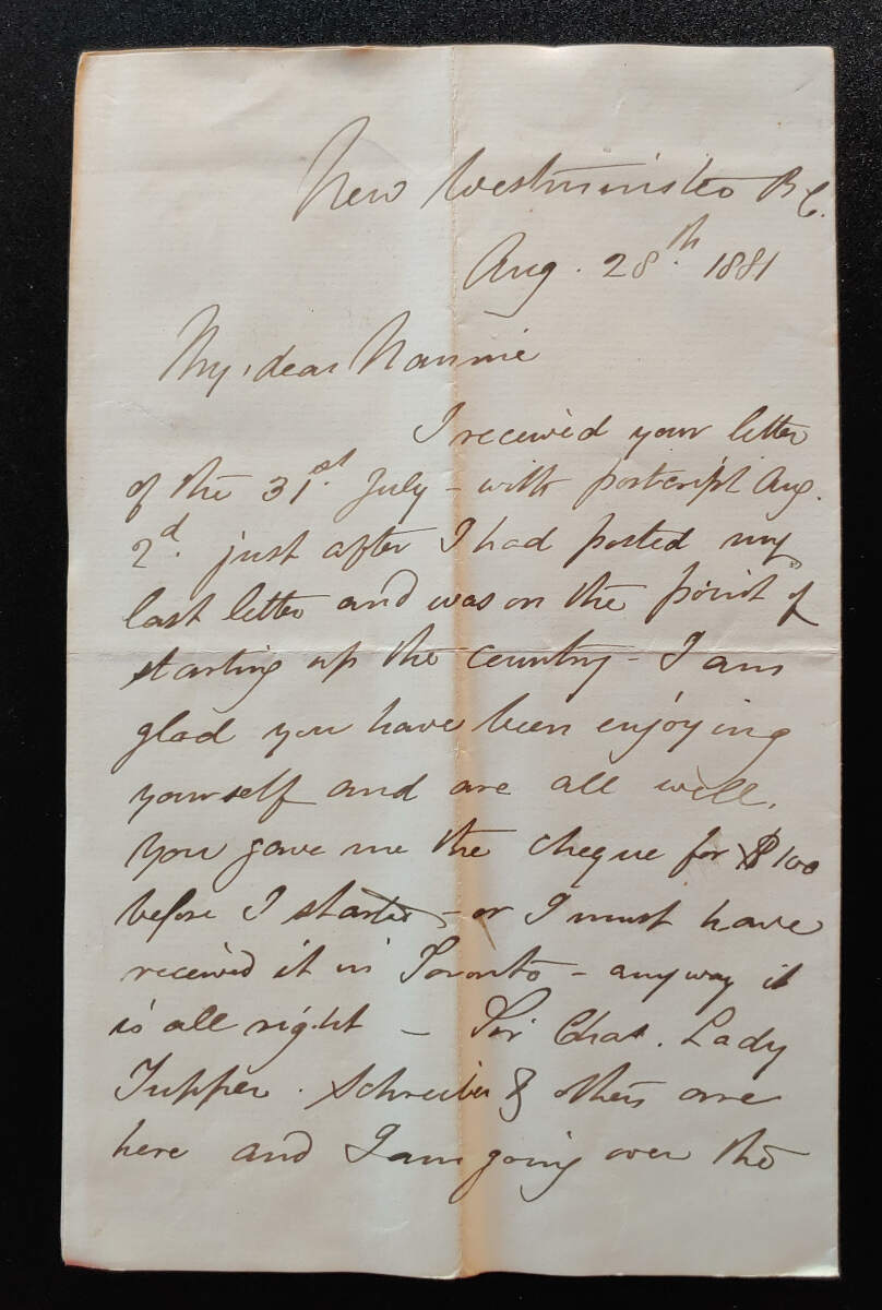 New Westminster, B.C. 28 Aug 1881 3pg Marcus Smith letter to wife