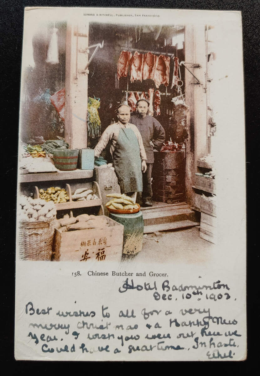 Chinese Butcher & Grocer 10 Dec 1903 2c Mitchell colour Postcard