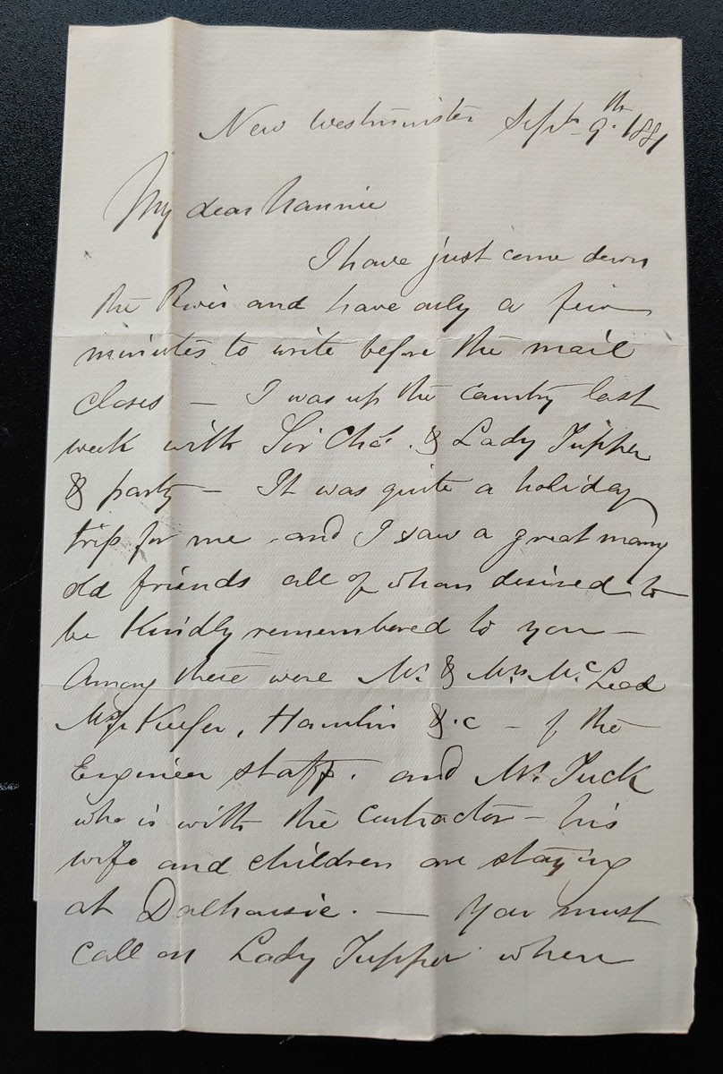 New Westminster 9 Sep 1881 Marcus Smith 2pg letter to his wife