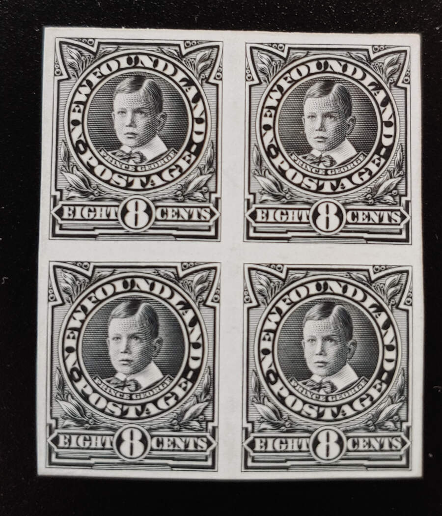 Newfoundland #110P VF 1911 8c Black Plate Proof Block on india (4)