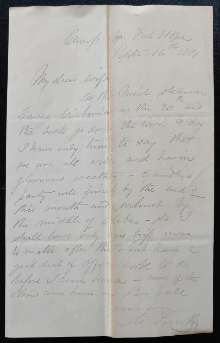 Camp at Fort Hope 16 Sep 1881 1pg Marcus Smith Letter to his wife