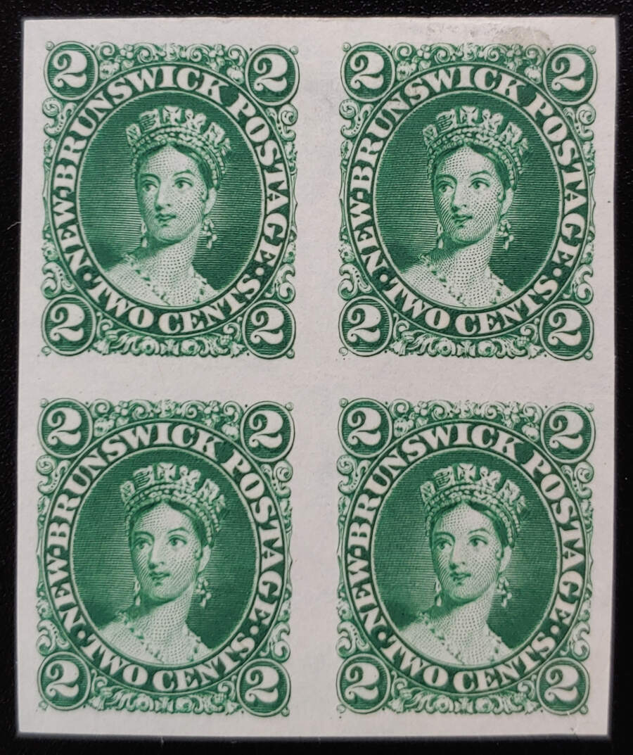 New Brunswick #7TCi VF 1860 2c Dk Green Plate Proof Blk, sml thin
