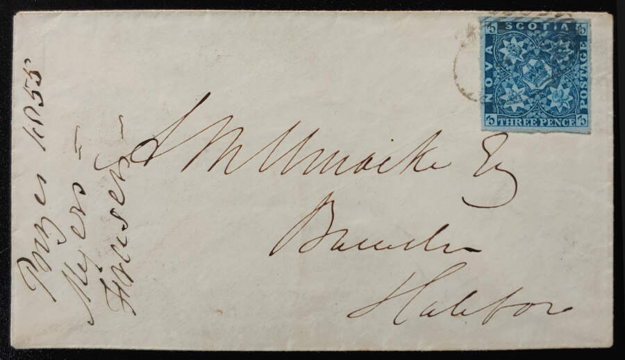 Nova Scotia #3 VF Used 3d on 29 Jan 1856 Cover w/ b/s $400+