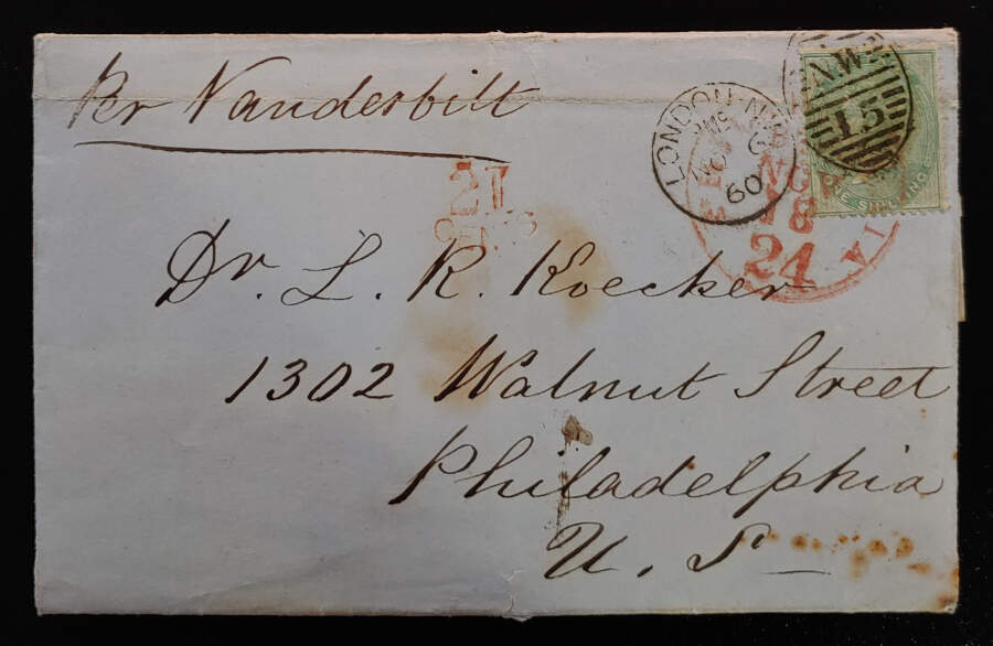 G.B. #28a 6 Nov 1860 1/- Transatlantic FLS to Philadelphia US$425