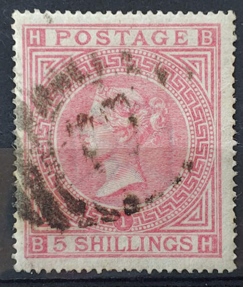 G.B. #57 Fine+ Used 1867 5/- Rose Plate 1 US$900