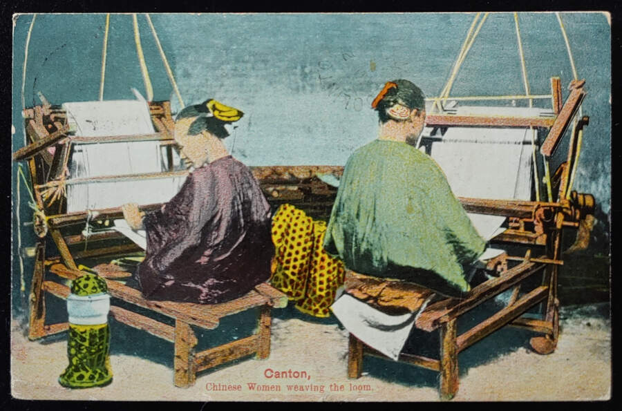 Hong Kong 5 Jul 1916 4c Canton, Women Weaving Postcard to Cda