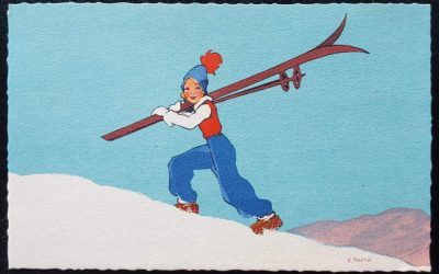 E. Martin Unused 1920s Art Deco female Skier colour Postcard