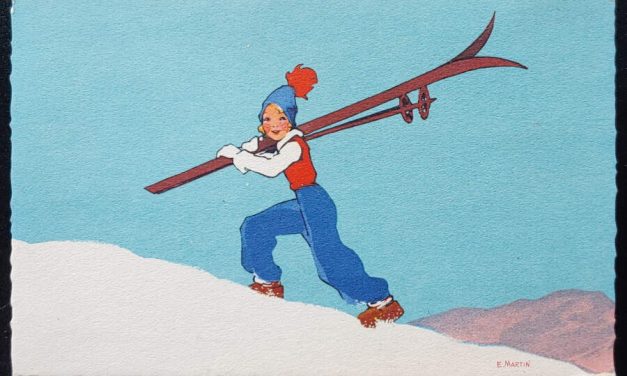 E. Martin Unused 1920s Art Deco female Skier colour Postcard