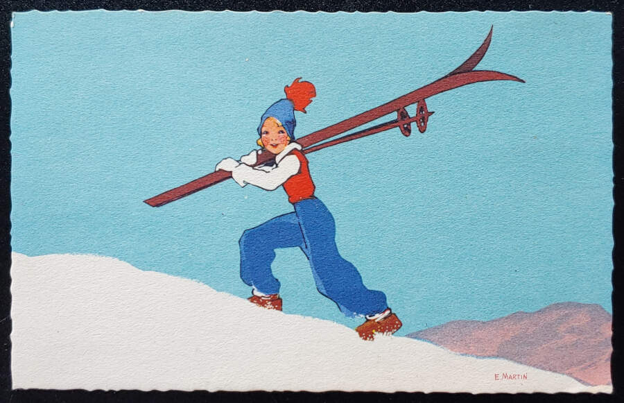 E. Martin Unused 1920s Art Deco female Skier colour Postcard
