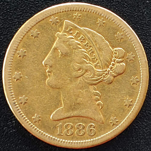 U.S./Colonial Cda VF+ 1886S Coronet Gold $5 Half Eagle .24187oz