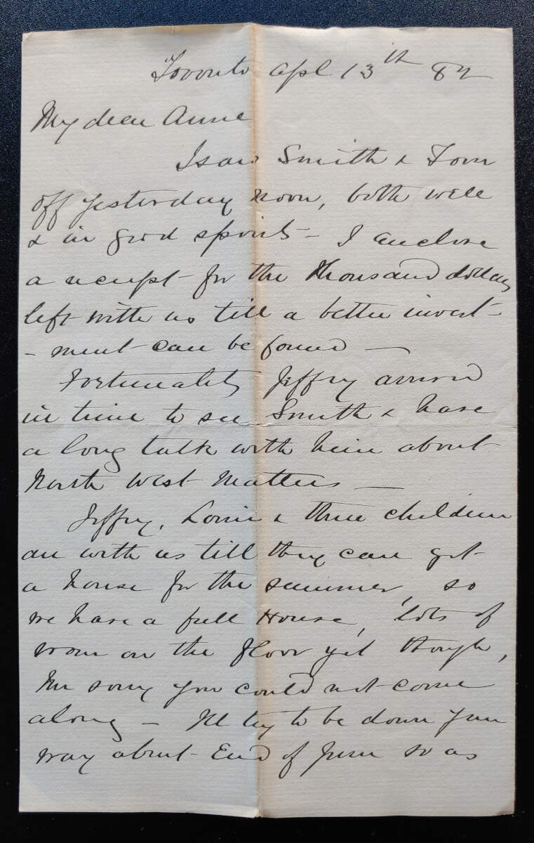 Toronto 13 Apr 1882 2pg Letter to Anne Smith from her bro William
