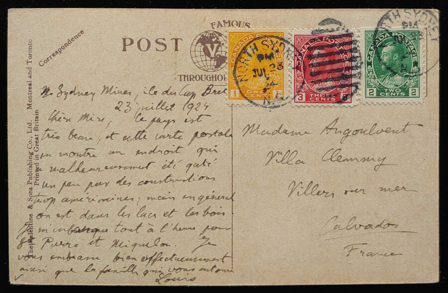 North Sydney, N.S. 23 Jul 1924 Tri-colour 6c Admiral Postcard to France