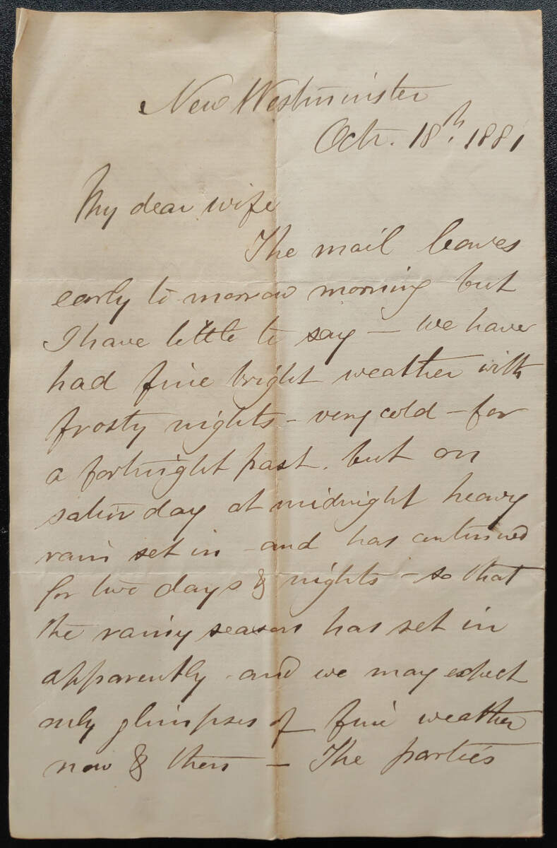 New Westminster, B.C. 18 Oct 1881 4-pg Marcus Smith Letter to wife