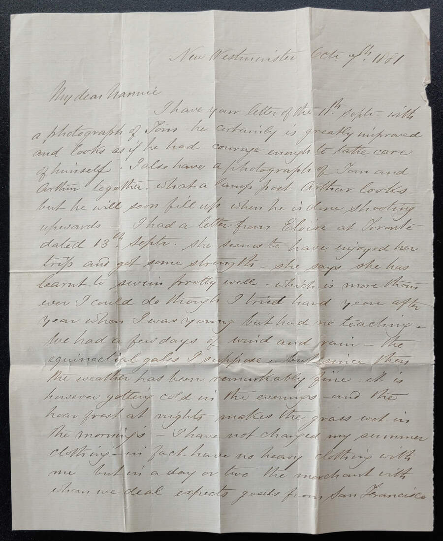 New Westminster 7 Oct 1881 2-pg Marcus Smith letter to his wife