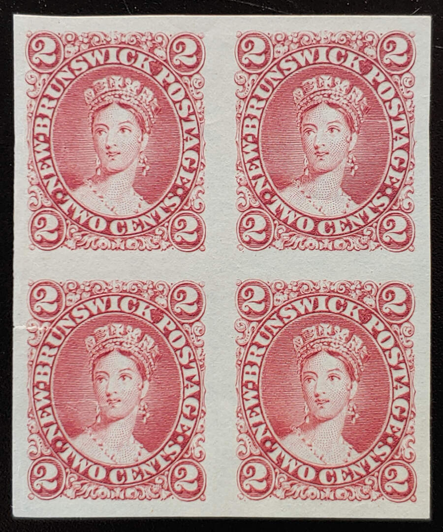 New Brunswick #7TC VF 1860 2c Rose Plate Proof Block $300 (4)