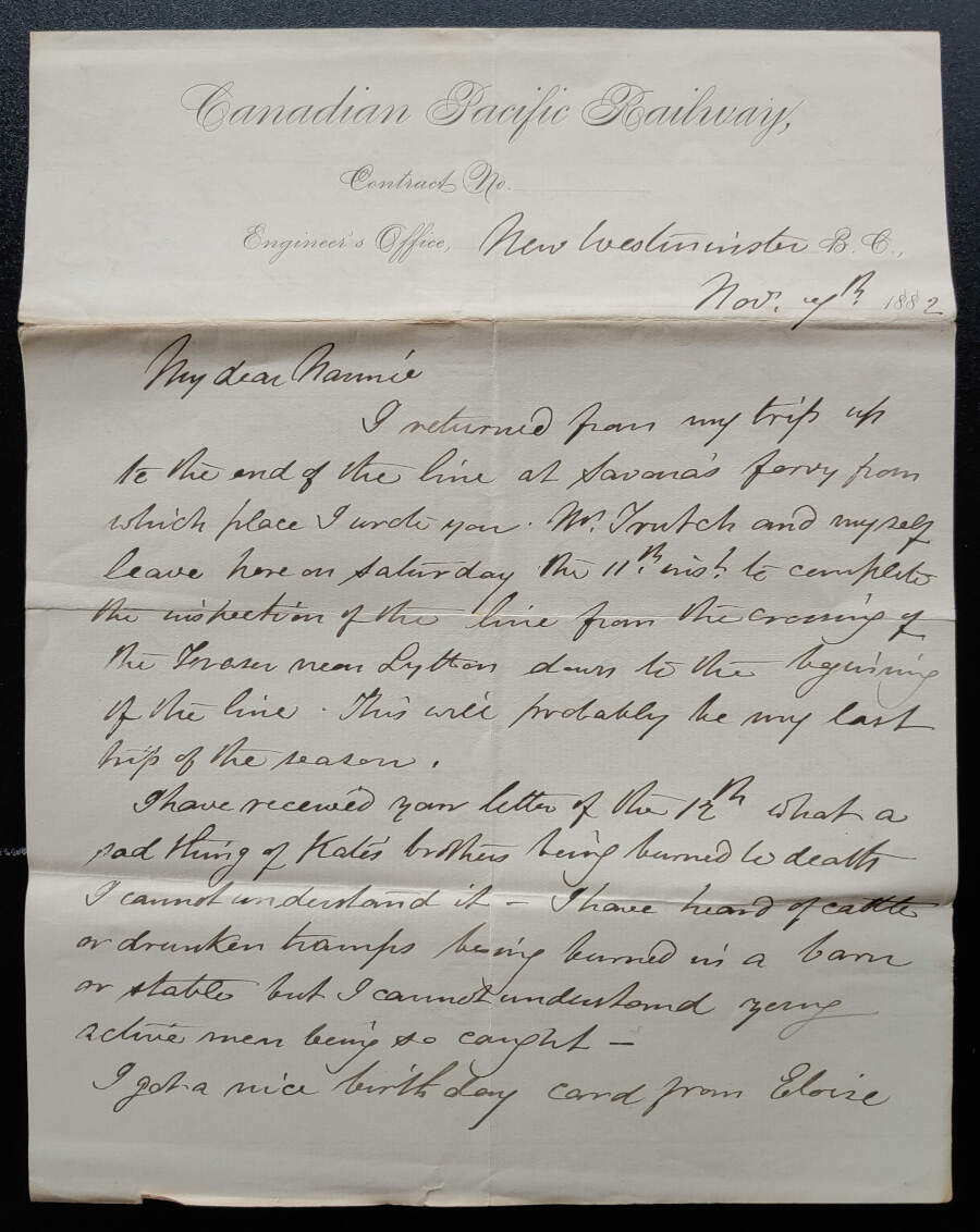 C.P.R. Engineer's Office, New West, B.C. 4 Nov 1881 Smith letter