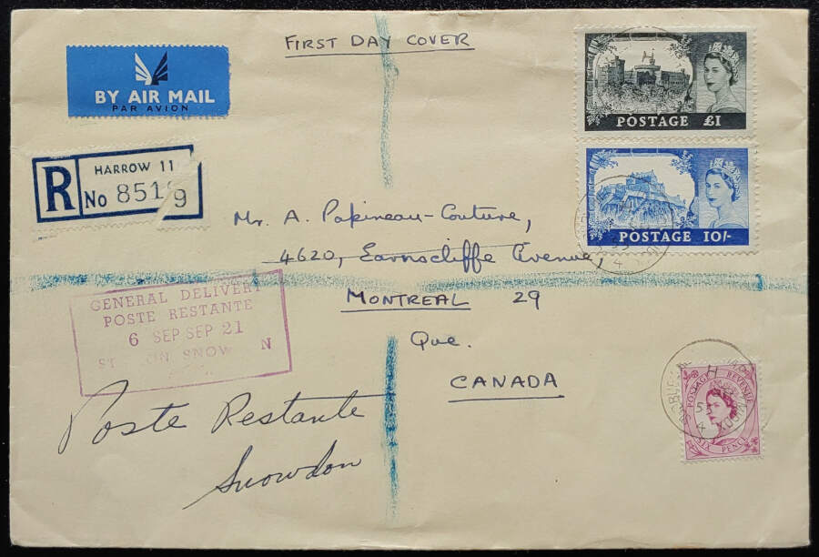 G.B. 1 Sep 1955 Registered QEII FDC to Montreal