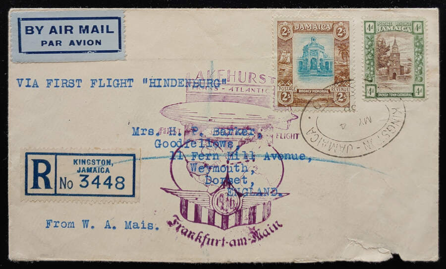 Jamaica 4 May 1936 Registered Hindenburg Zeppelin Cover to U.K.