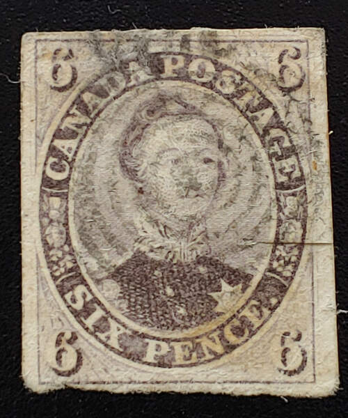 Canada #10 Fine+ Used 1857 6d Thick Paper, faults incl tear $4500