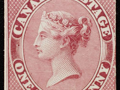 Canada #8TC Fine 1858 1c Deep Rose Trial Colour Plate Proof