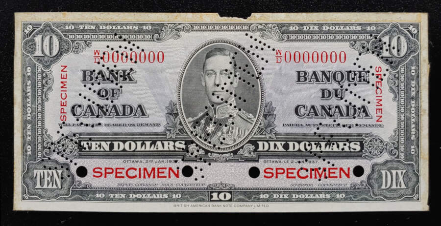 Canada prefix W/D 1937 Specimen George VI $10, mt damage $1200
