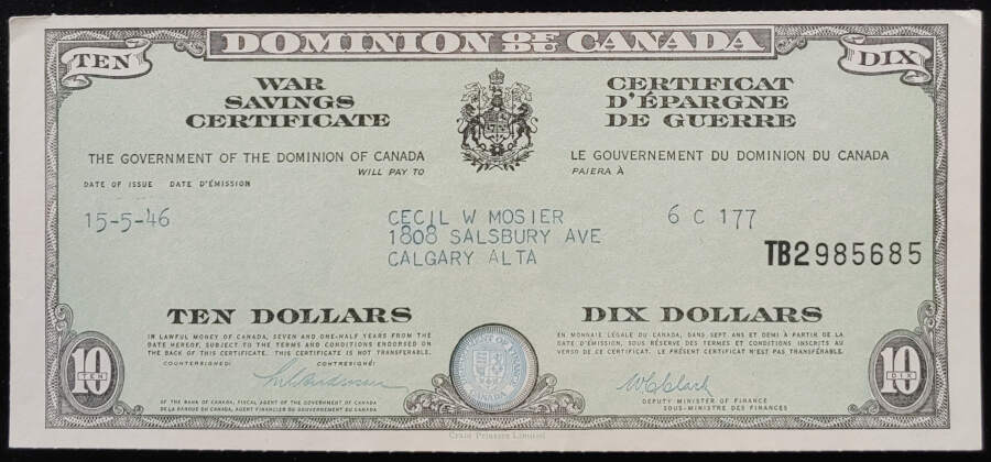 Canada Unc 15 May 1946 Crain $10 War Savings Certificate $700