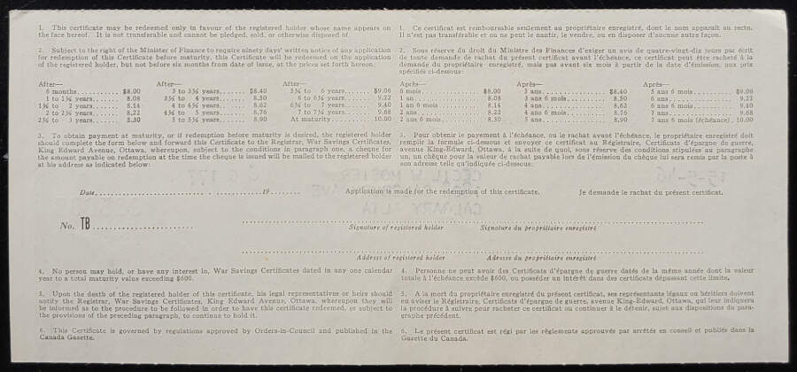 Canada Unc 15 May 1946 Crain $10 War Savings Certificate $700